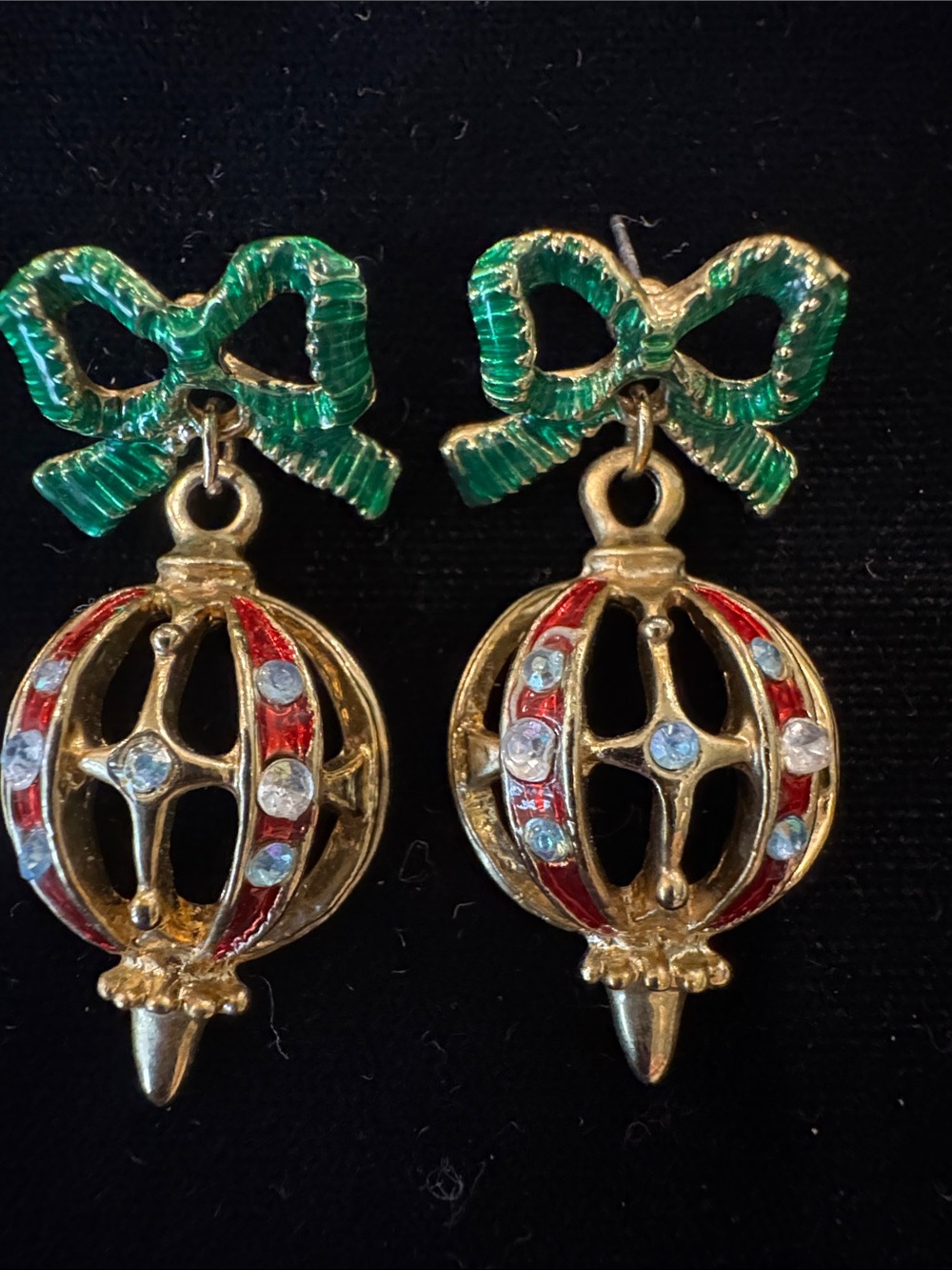 Vintage Gold-Tone Earrings w/ Green Enamel Holiday Bows & Christmas Ornaments